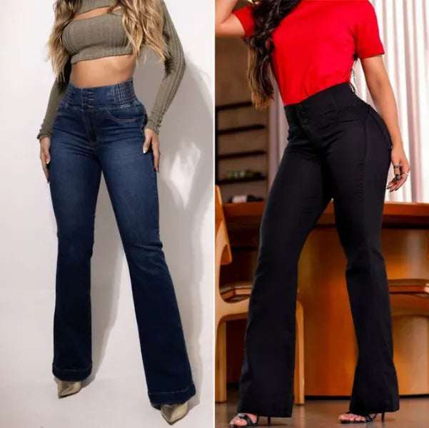 Calça Jeans Flare Modeladora de Cintura Alta - Jeans Escuro/Jeans Preto