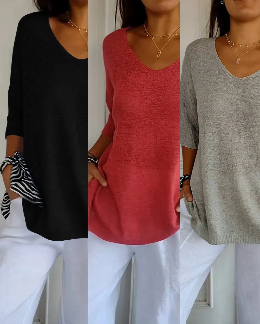 Kit 3 Blusas Luna® em Malha Leve – Decote V — Dama Lirys