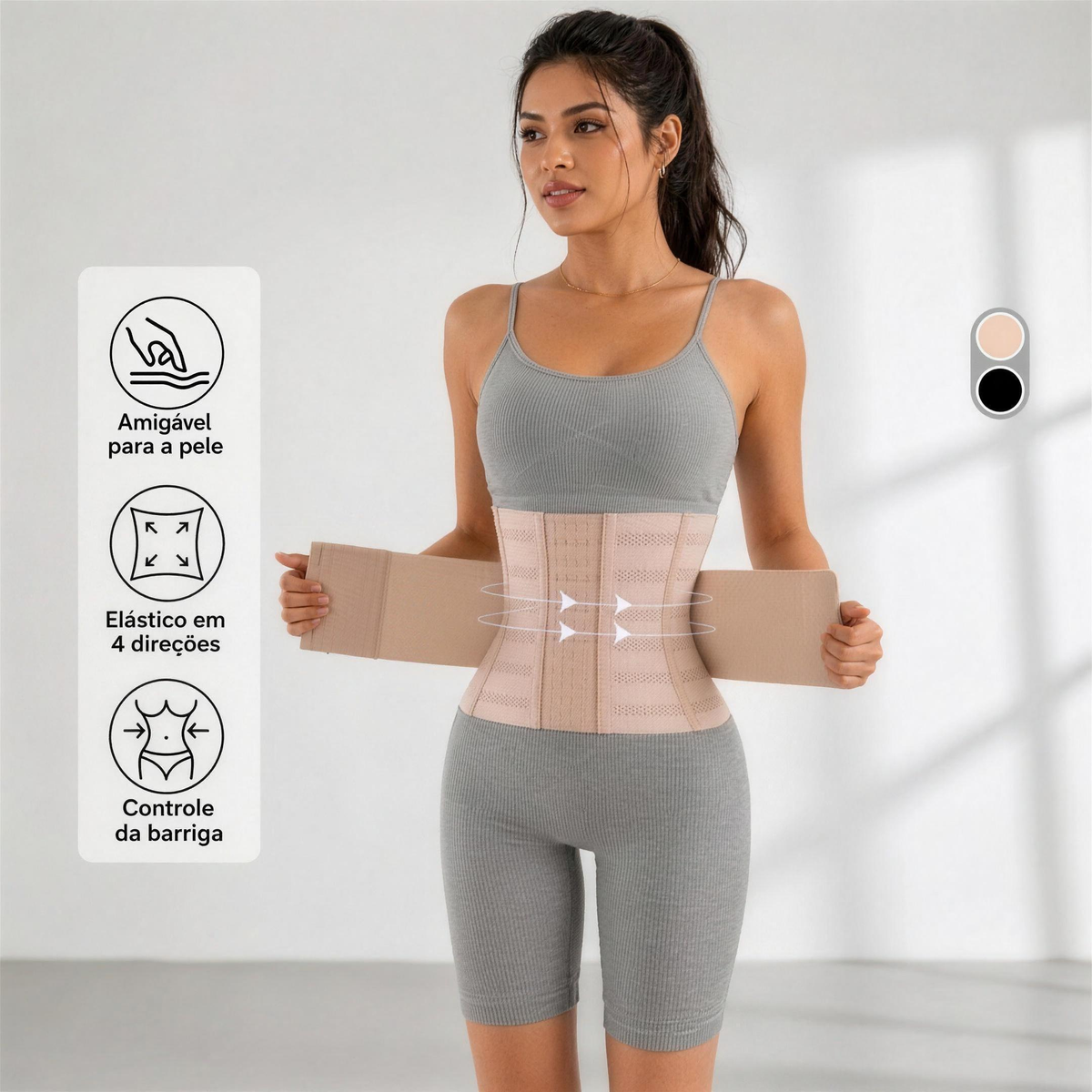 Cinta Modeladora CurveFit Bege — vista frontal com benefícios — Dama Lirys