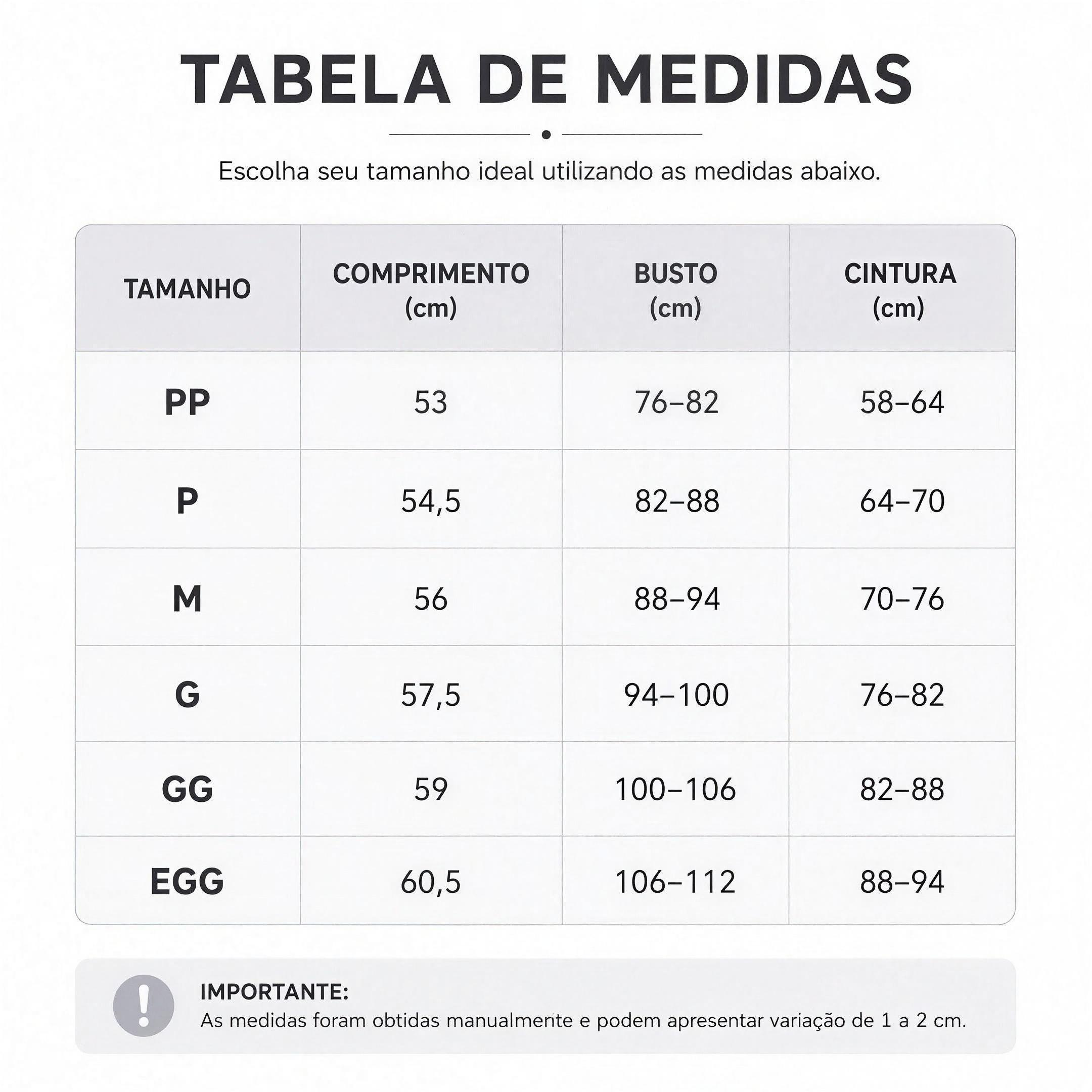 Cinta Modeladora CurveFit — tabela de medidas P ao GG — Dama Lirys