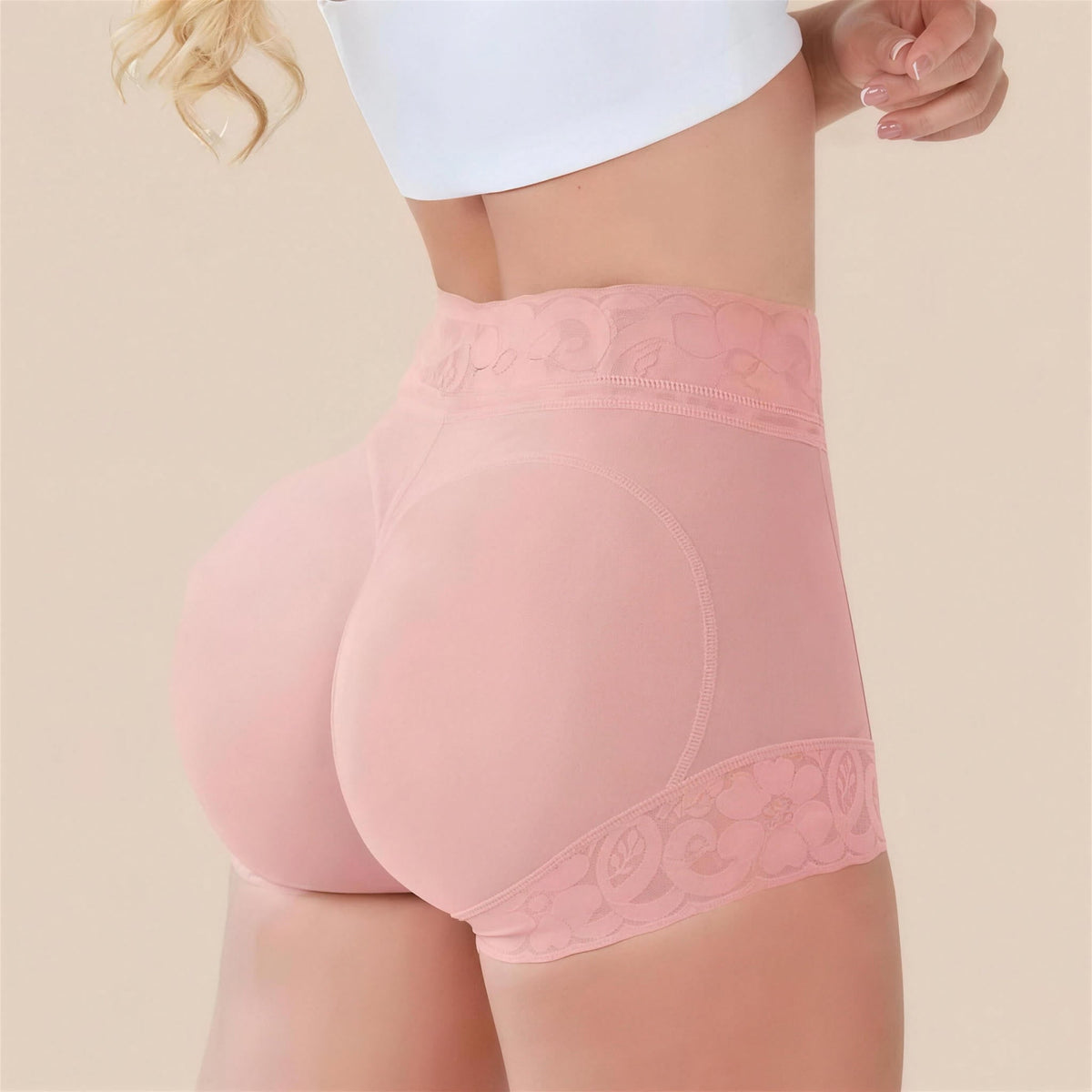 Calcinha modeladora cós alto rosa vista lateral