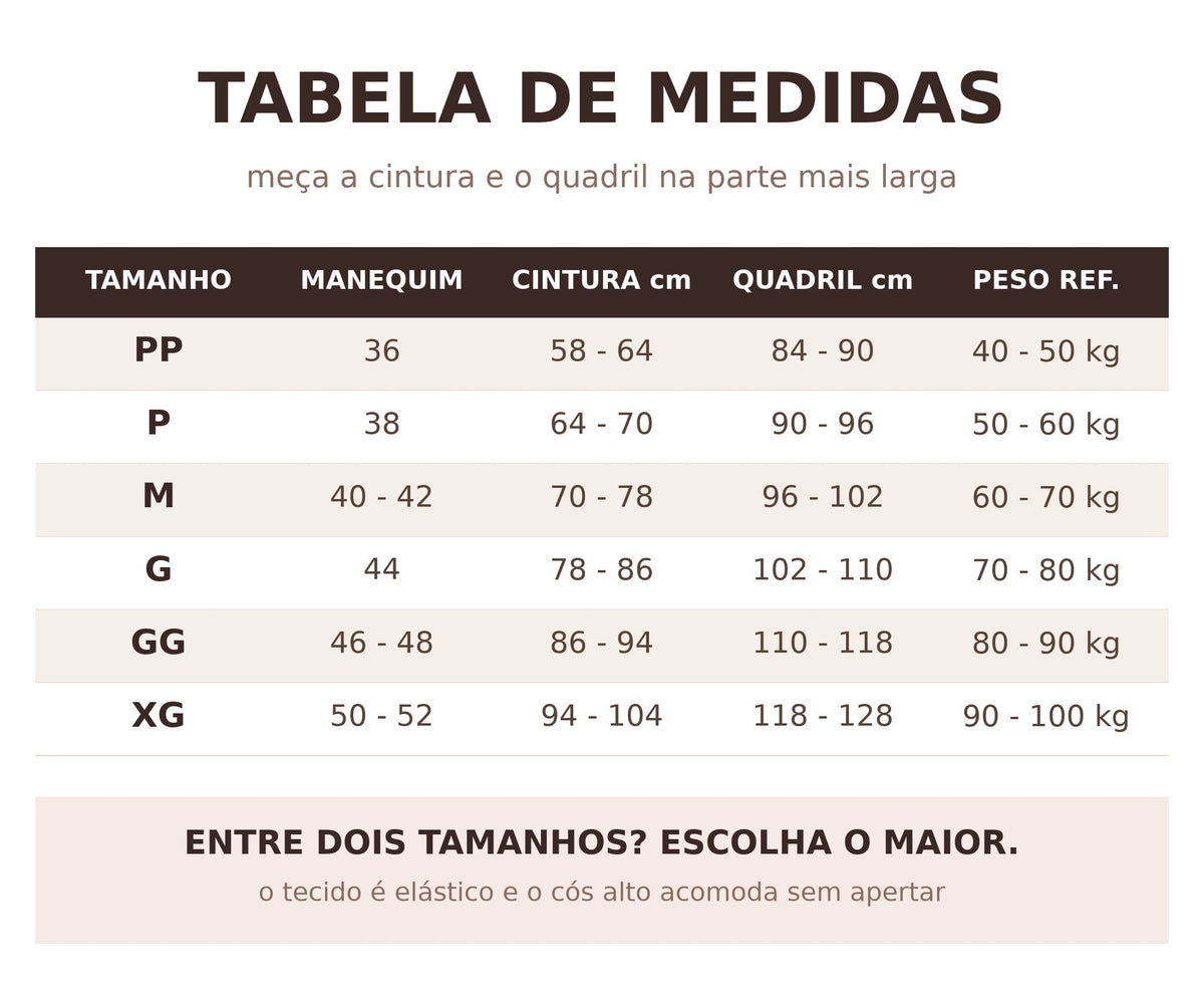 Tabela de medidas das calcinhas modeladoras BelaShaper