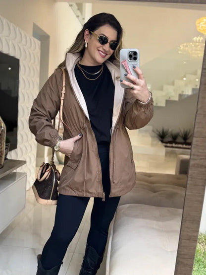 Parka Mujer Reversible Impermeable con Capucha