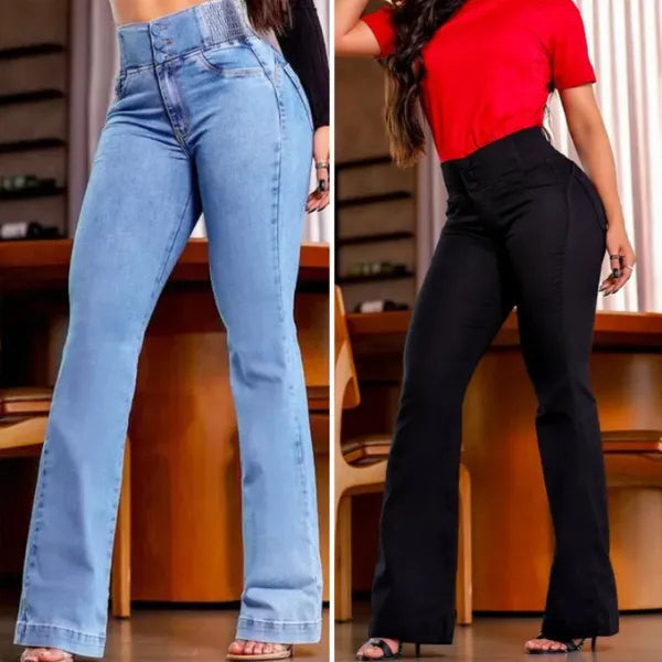 Calça Jeans Flare Modeladora de Cintura Alta - Jeans Preto/Jeans Claro