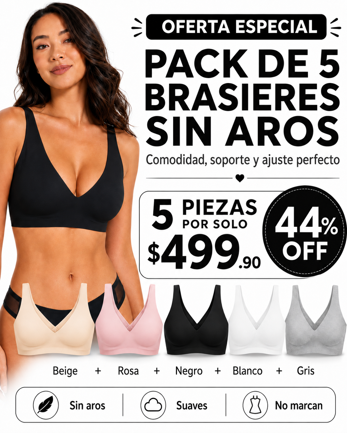 Brasier Sin Aros Mujer Cómodo Reafirmante BellaForma (Pack 5)