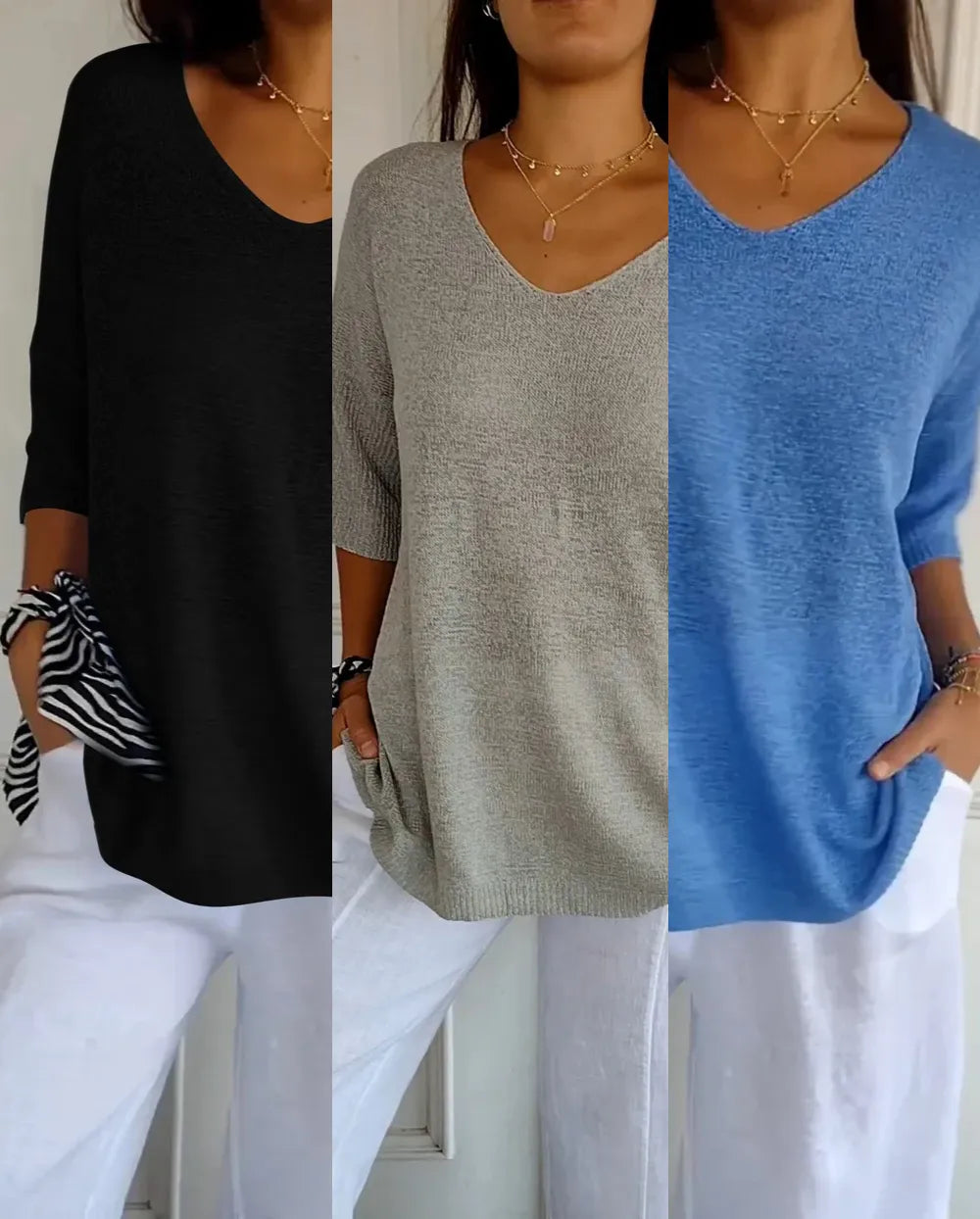 Kit 3 Blusas Luna® em Malha Leve – Decote V — Dama Lirys
