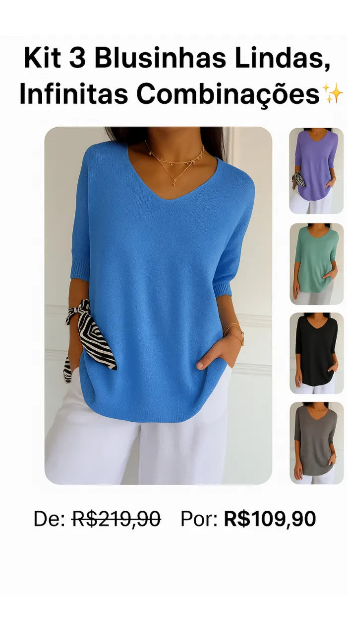 Kit 3 Blusas Luna® em Malha Leve – Decote V — Dama Lirys