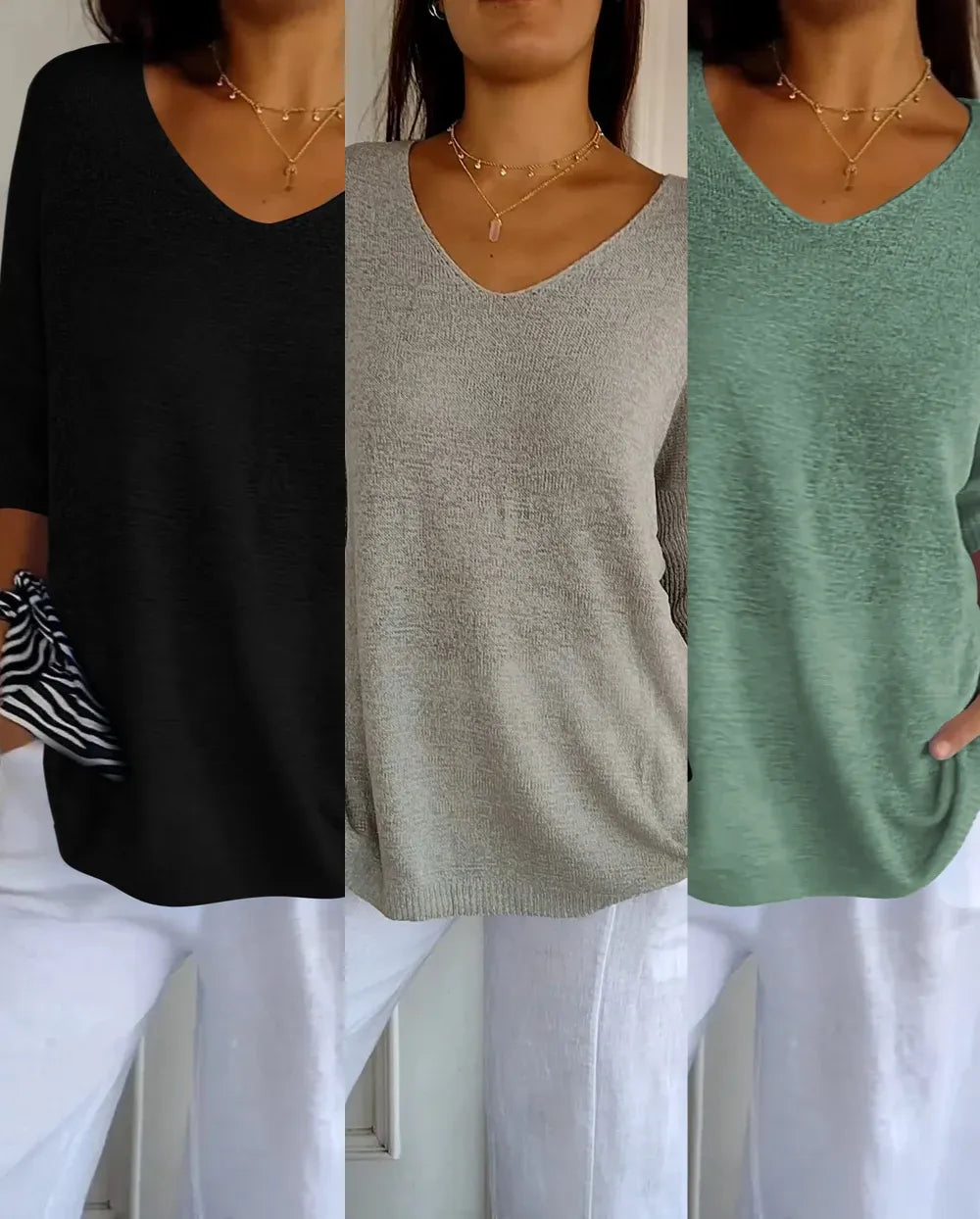 Kit 3 Blusas Luna® em Malha Leve – Decote V — Dama Lirys