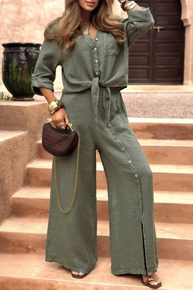 Conjunto Luna em Linho Natural - Modelagem Pantalona e Tecido Respirável — Dama Lirys