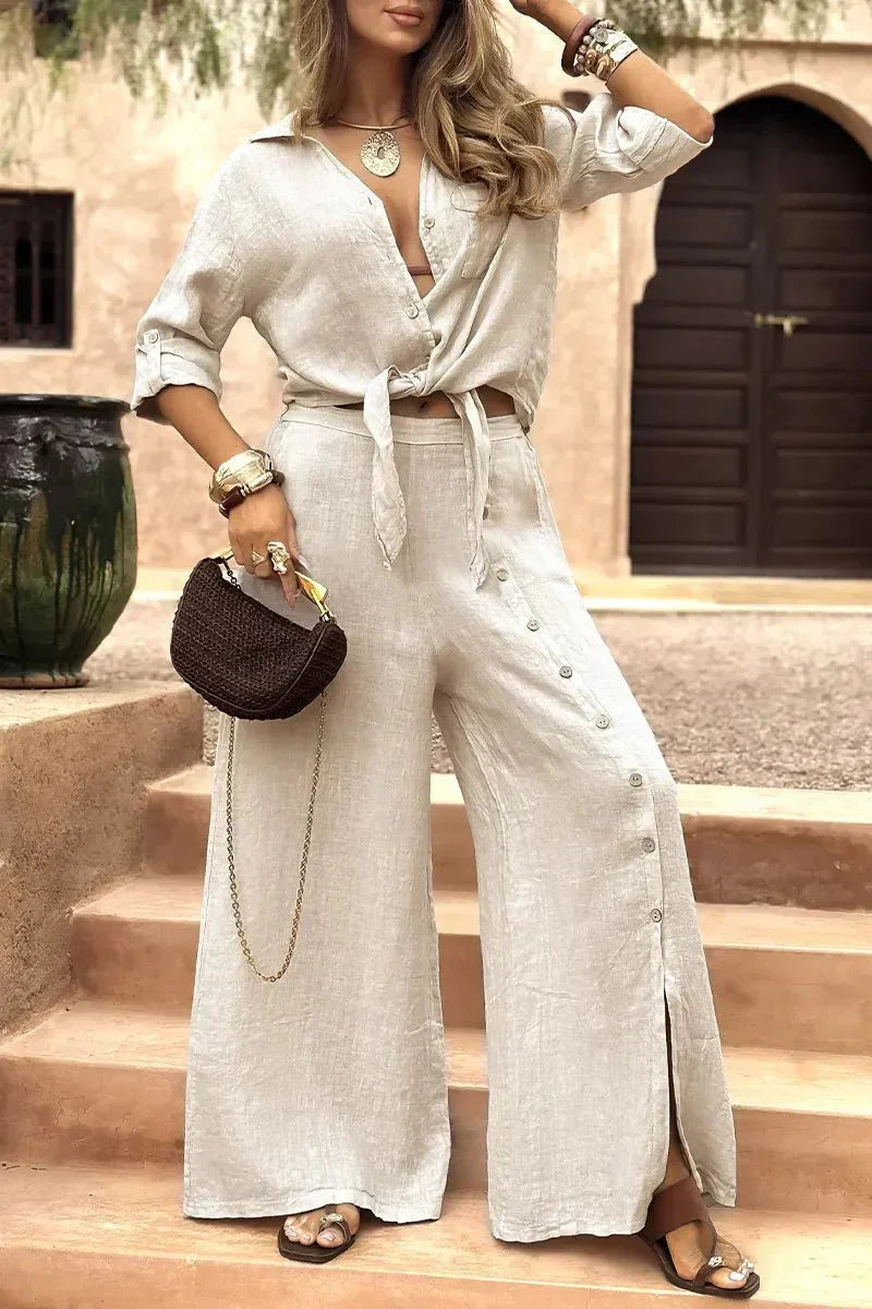 Conjunto Luna em Linho Natural - Modelagem Pantalona e Tecido Respirável — Dama Lirys