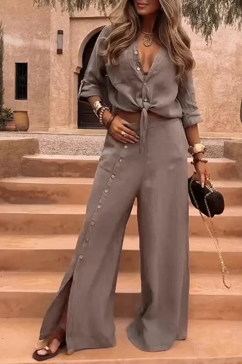 Conjunto Luna em Linho Natural - Modelagem Pantalona e Tecido Respirável — Dama Lirys