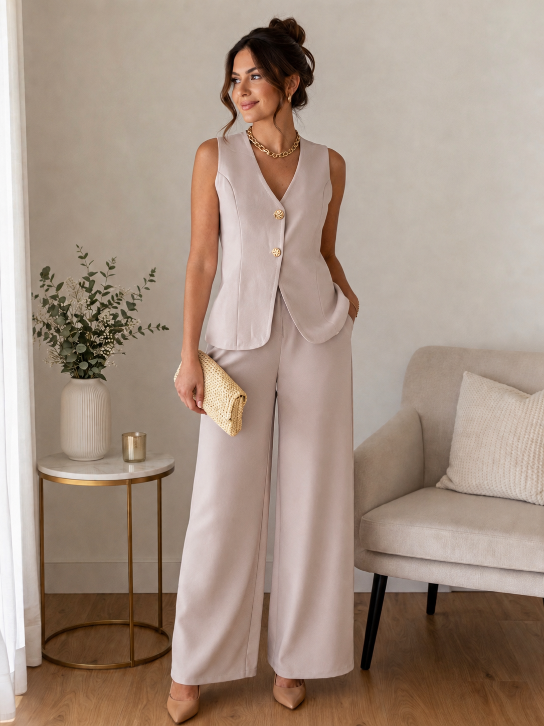 Conjunto Colete e Calça Bege