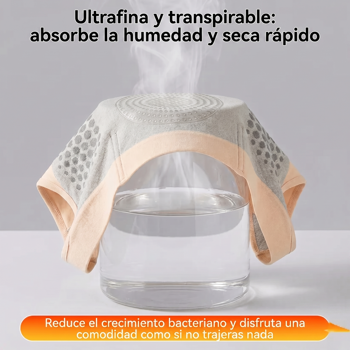 Tejido ultrafino y transpirable de la faja Slim Belly demostrado sobre una copa de agua