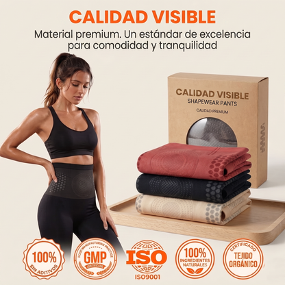 Infografía de calidad premium: empaque Slim Belly y tres fajas moldeadoras dobladas