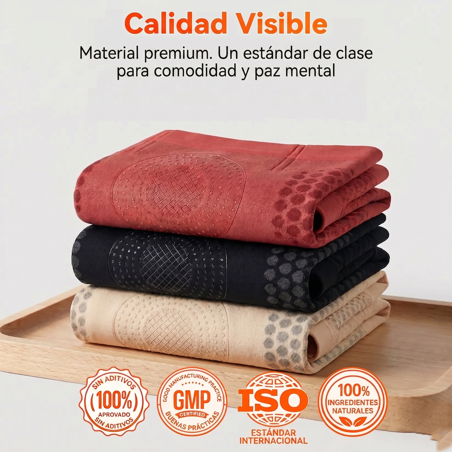 Tres fajas moldeadoras Slim Belly dobladas con sellos de calidad