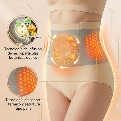 Infografía de tecnología botánica con micropartículas de moringa y berberina en la faja Slim Belly
