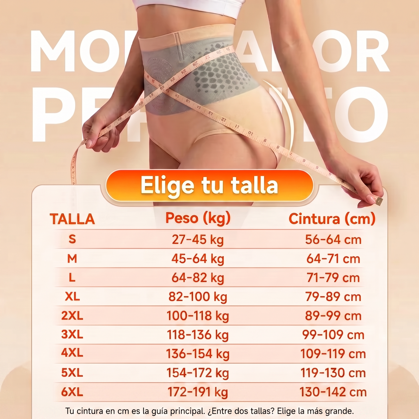 Tabla de tallas de la faja moldeadora Slim Belly, de la S a la 6XL