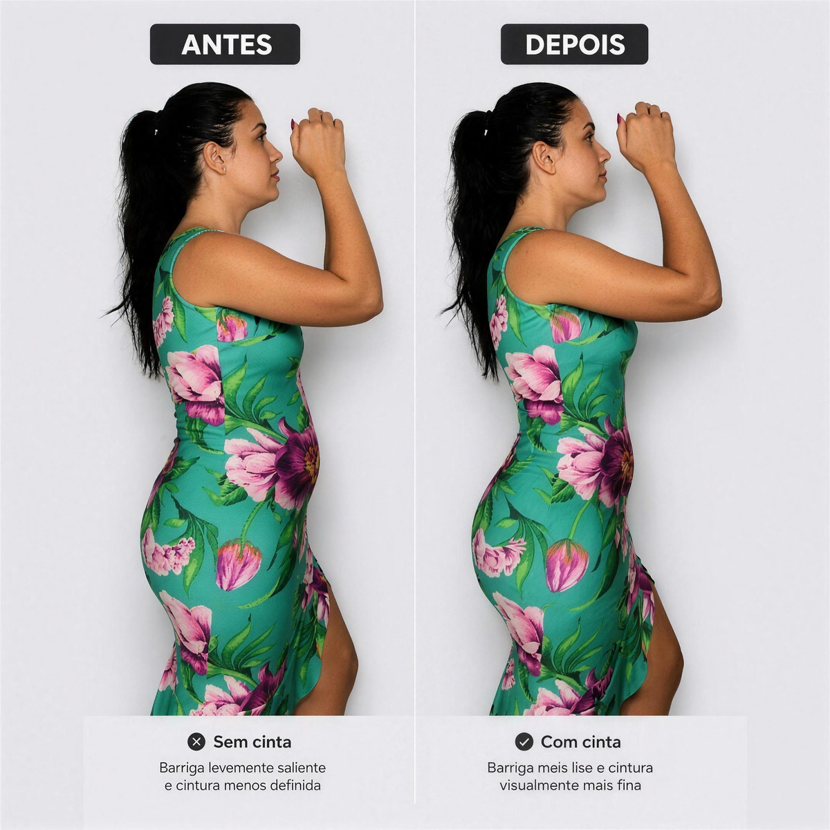 Cinta Modeladora CurveFit — antes e depois com vestido floral — Dama Lirys
