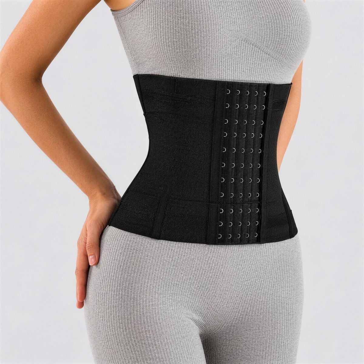 Cinta Modeladora CurveFit Preta — vista frontal do fecho de colchetes — Dama Lirys
