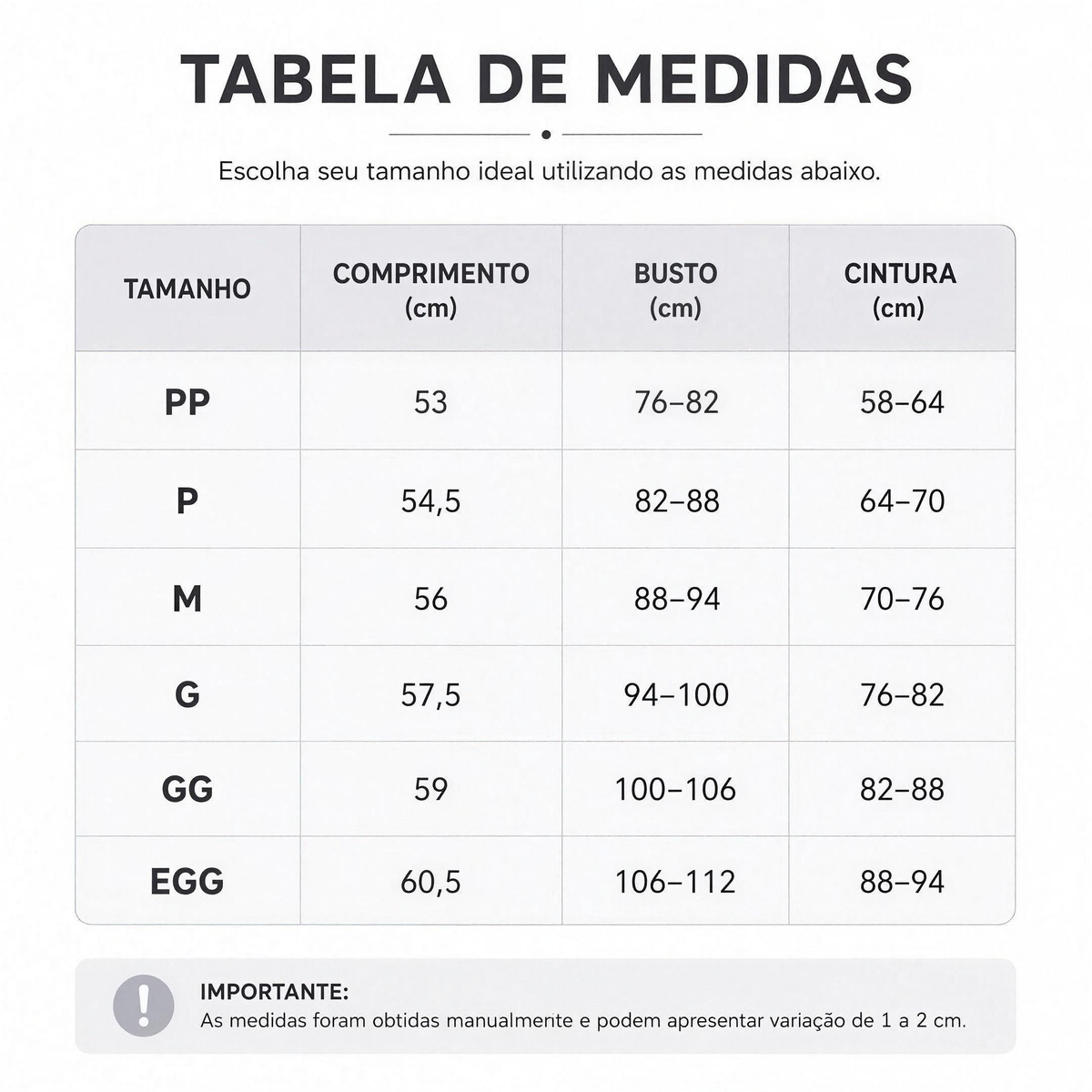 Cinta Modeladora CurveFit — tabela de medidas P ao GG — Dama Lirys