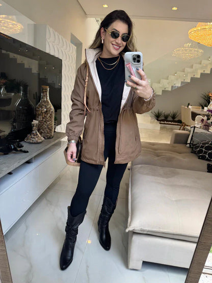 Parka Mujer Reversible Impermeable con Capucha